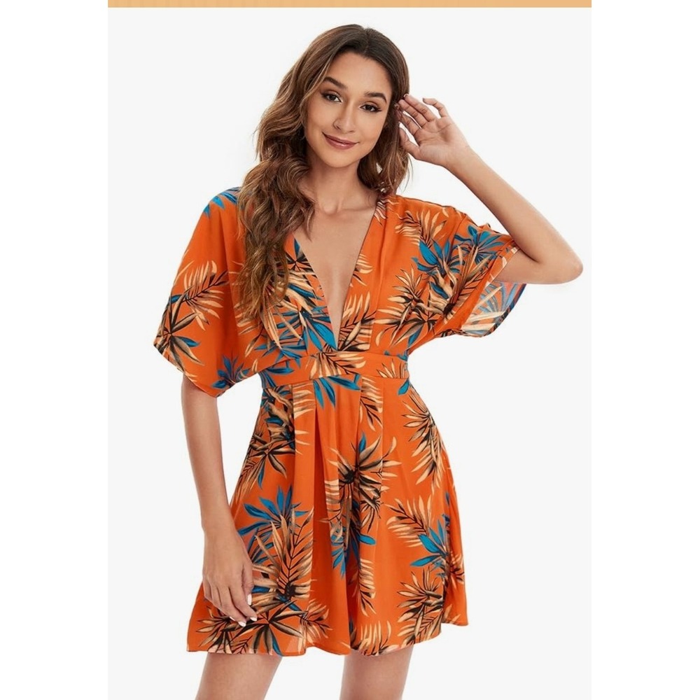 Floerns Women's Orange Tropical Print V-Neck Mini Dress with‎ Tie Back